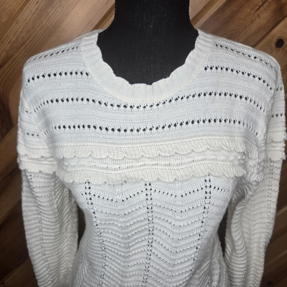 J Crew Womens Crew Neck Scalloped Pointelle Sweater Sz S Ivory Wool Blend - Picture 5 of 9